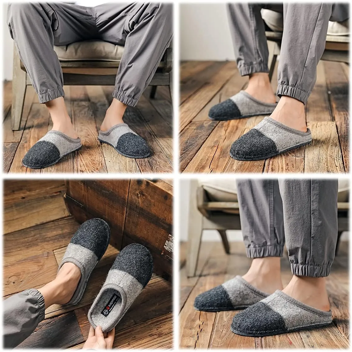 Men's Boiled Wool House Slippers Breathable Winter Warm Slip on Mules Indoor/Outdoor Slipper for Women Two Tone Cap Toe Clog