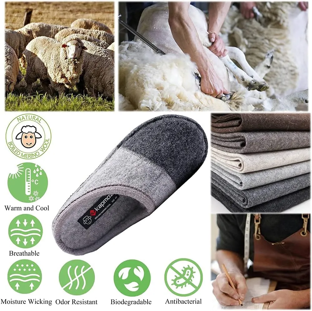 Men's Boiled Wool House Slippers Breathable Winter Warm Slip on Mules Indoor/Outdoor Slipper for Women Two Tone Cap Toe Clog