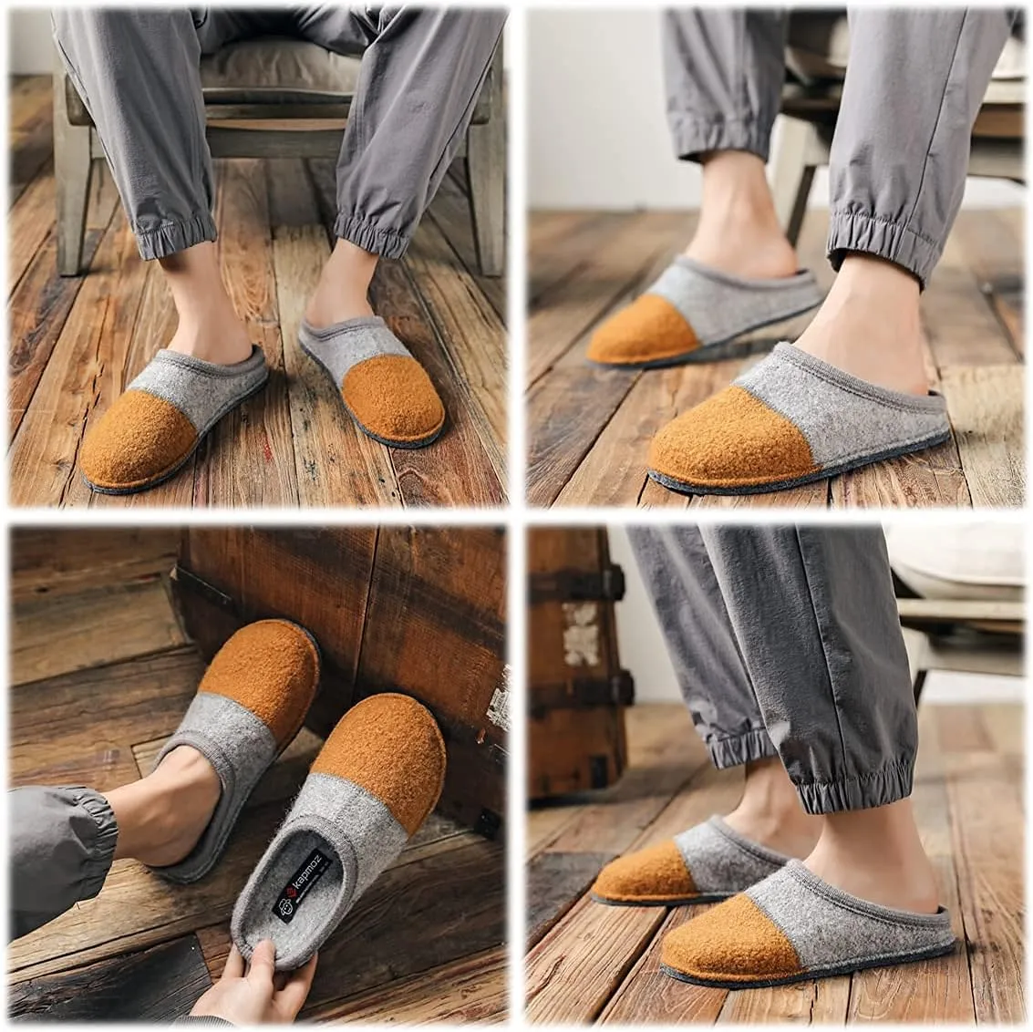 Men's Boiled Wool House Slippers Breathable Winter Warm Slip on Mules Indoor/Outdoor Slipper for Women Two Tone Cap Toe Clog