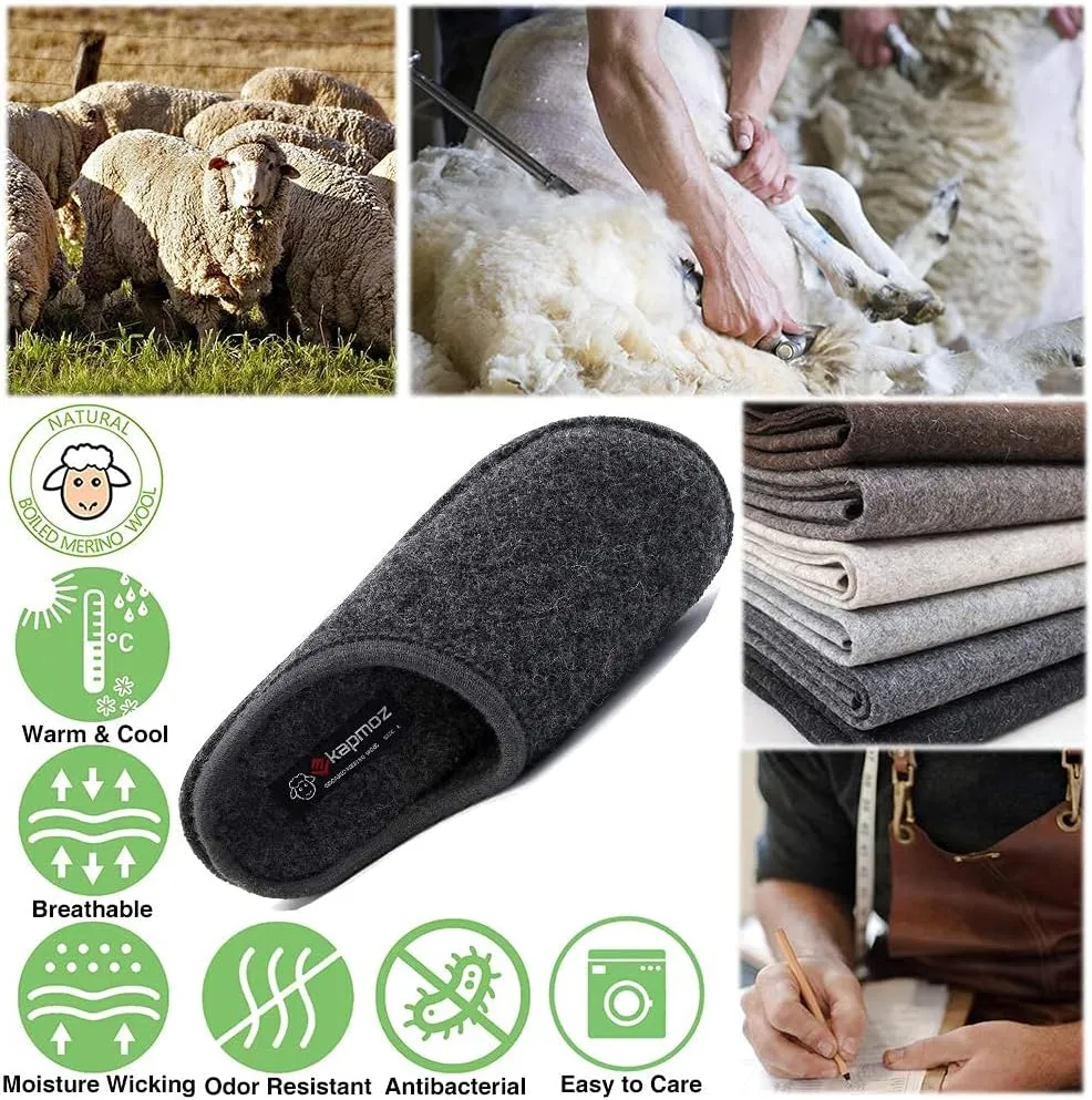 Men's Boiled Wool House Slippers Breathable Winter Warm Slip on Mules Indoor/Outdoor Slipper for Women Two Tone Cap Toe Clog