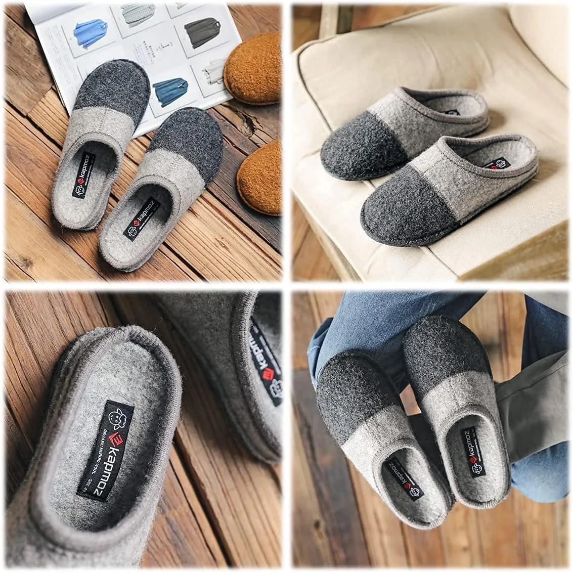 Men's Boiled Wool House Slippers Breathable Winter Warm Slip on Mules Indoor/Outdoor Slipper for Women Two Tone Cap Toe Clog