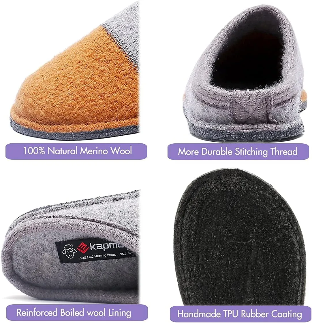 Men's Boiled Wool House Slippers Breathable Winter Warm Slip on Mules Indoor/Outdoor Slipper for Women Two Tone Cap Toe Clog