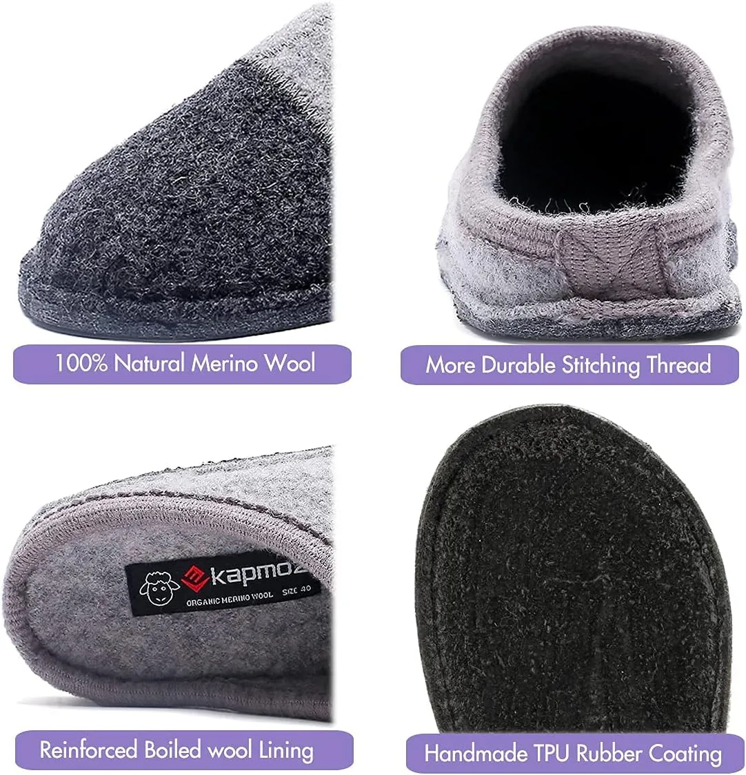 Men's Boiled Wool House Slippers Breathable Winter Warm Slip on Mules Indoor/Outdoor Slipper for Women Two Tone Cap Toe Clog