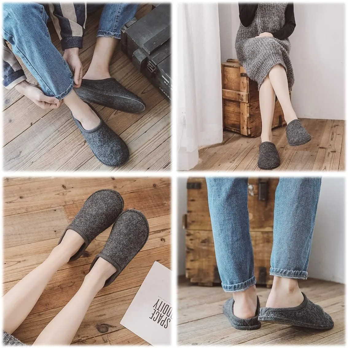 Men's Boiled Wool House Slippers Breathable Winter Warm Slip on Mules Indoor/Outdoor Slipper for Women Two Tone Cap Toe Clog