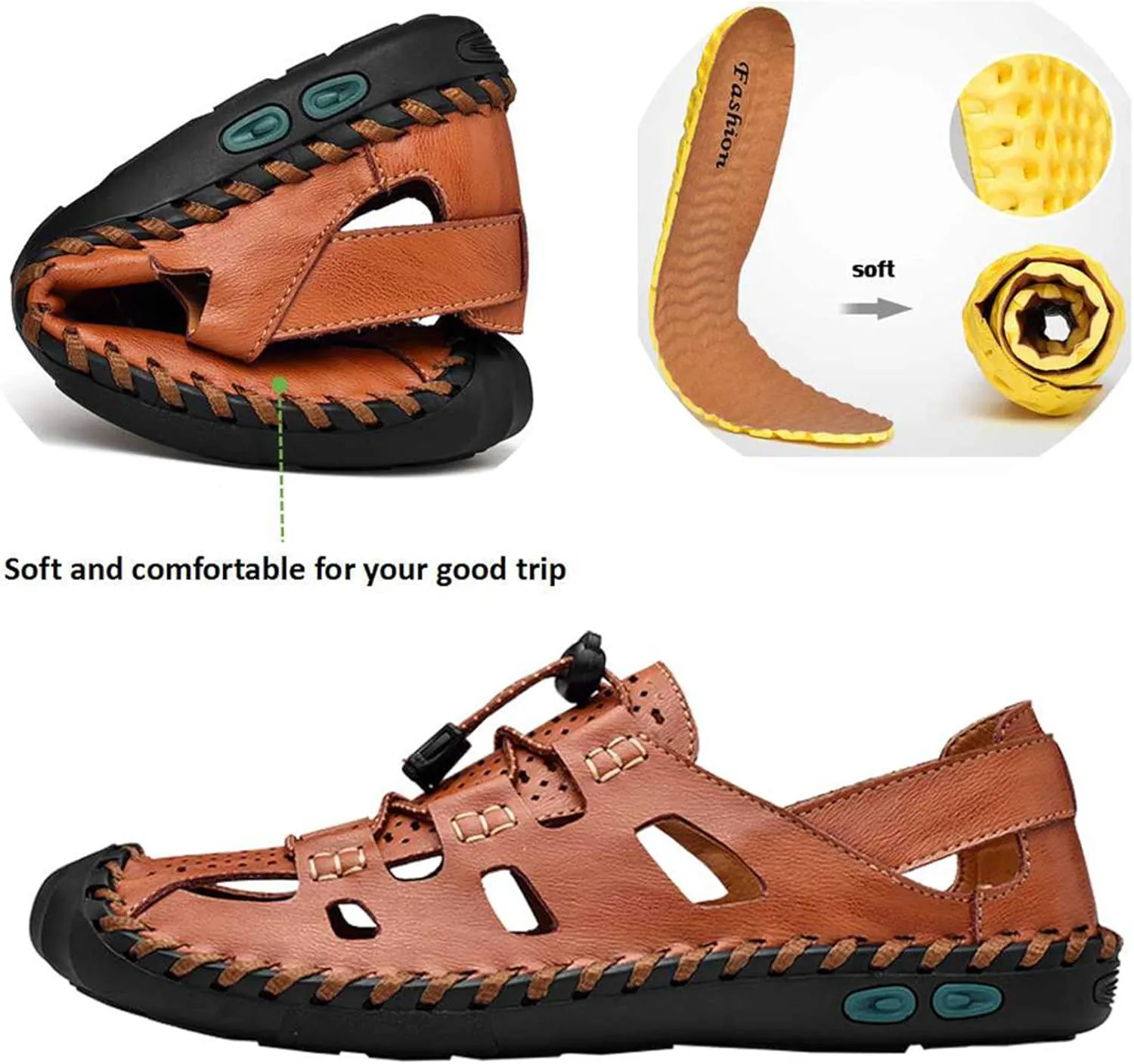 Mens Casual Closed Toe Leather Sandals Outdoor Fisherman Adjustable Sport Summer Shoes