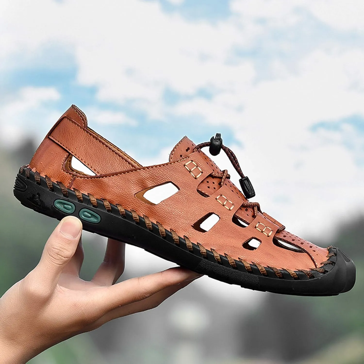 Mens Casual Closed Toe Leather Sandals Outdoor Fisherman Adjustable Sport Summer Shoes