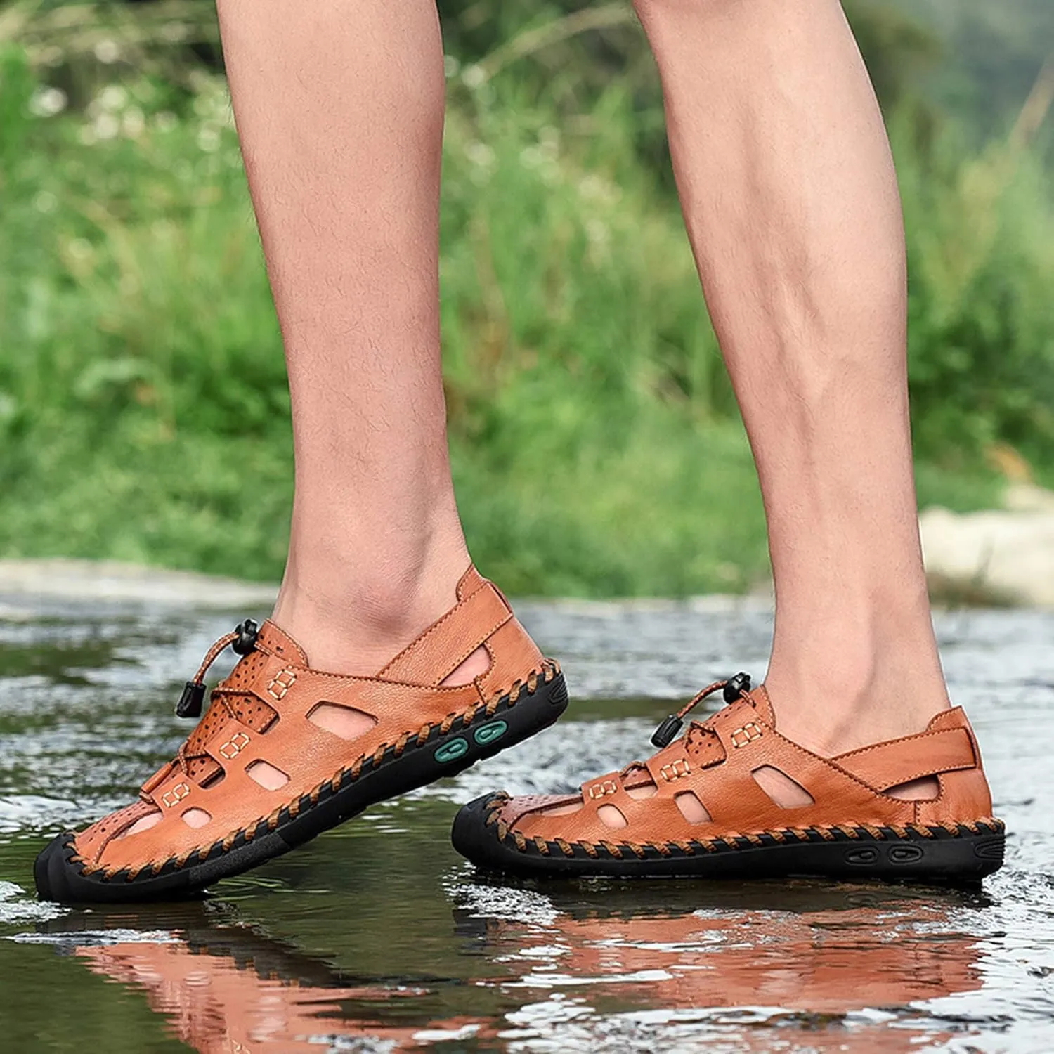 Mens Casual Closed Toe Leather Sandals Outdoor Fisherman Adjustable Sport Summer Shoes