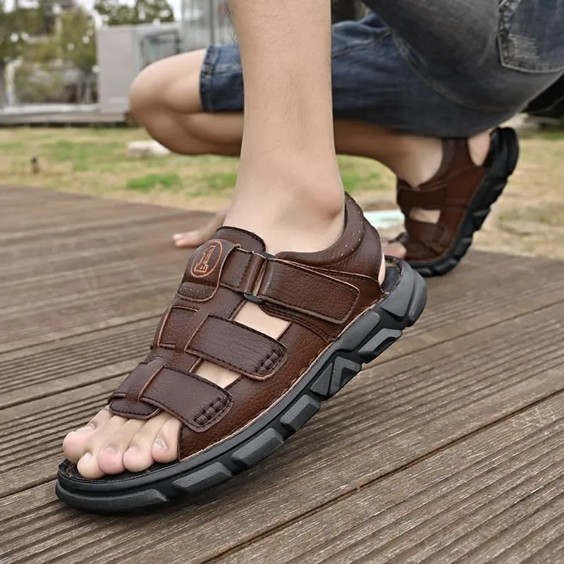 Men's Sandals Leather Open Toe Outdoor Sport Adjustable Summer Beach Shoes