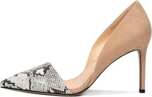 Mettesally Women Stiletto Heels Snakeskin Slip On Pointed Toe Pumps Closed Toe High Heel Dress Shoes for Wedding Party Office