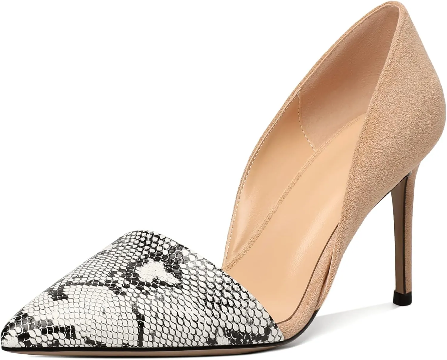 Mettesally Women Stiletto Heels Snakeskin Slip On Pointed Toe Pumps Closed Toe High Heel Dress Shoes for Wedding Party Office