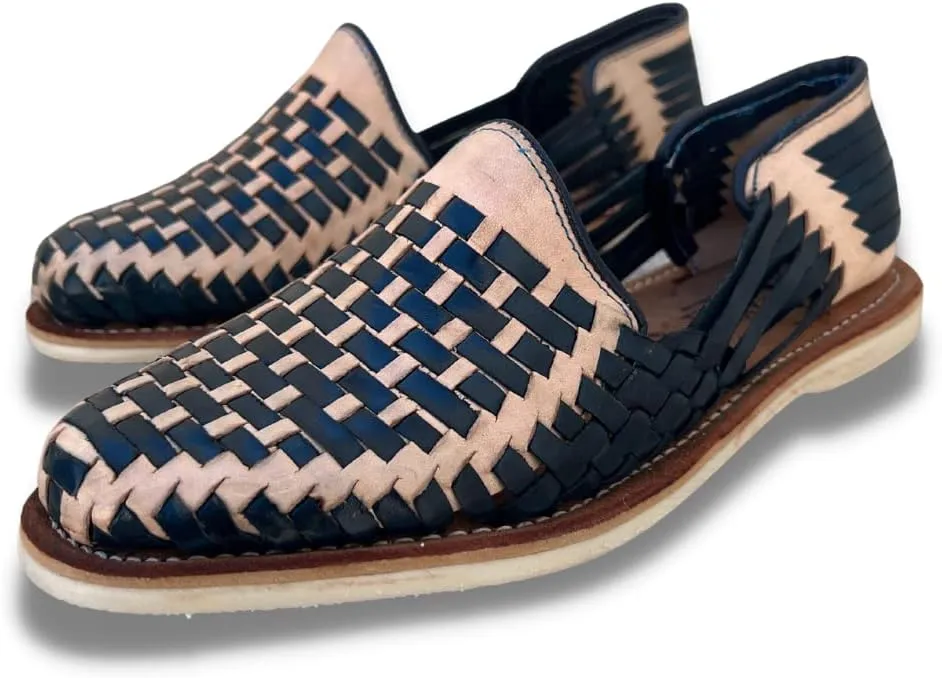 Mexico en la Piel Leather Shoes for Men, Checkered Braided Handmade Loafer Sandals