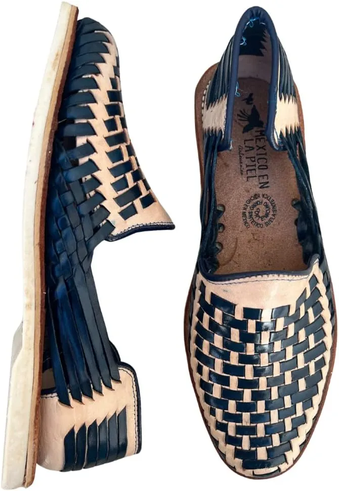 Mexico en la Piel Leather Shoes for Men, Checkered Braided Handmade Loafer Sandals