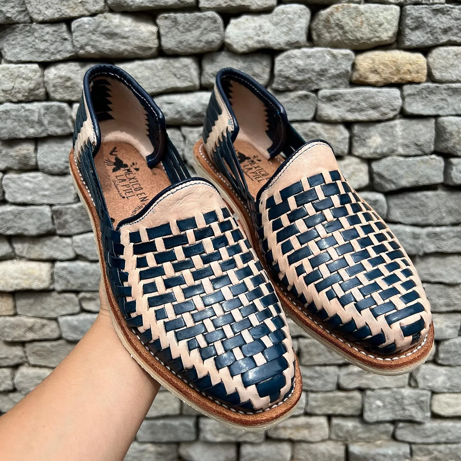 Mexico en la Piel Leather Shoes for Men, Checkered Braided Handmade Loafer Sandals