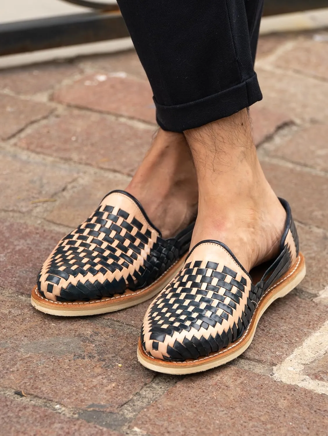 Mexico en la Piel Leather Shoes for Men, Checkered Braided Handmade Loafer Sandals