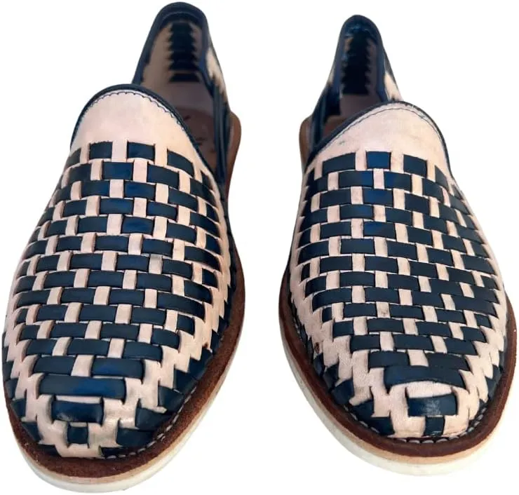 Mexico en la Piel Leather Shoes for Men, Checkered Braided Handmade Loafer Sandals