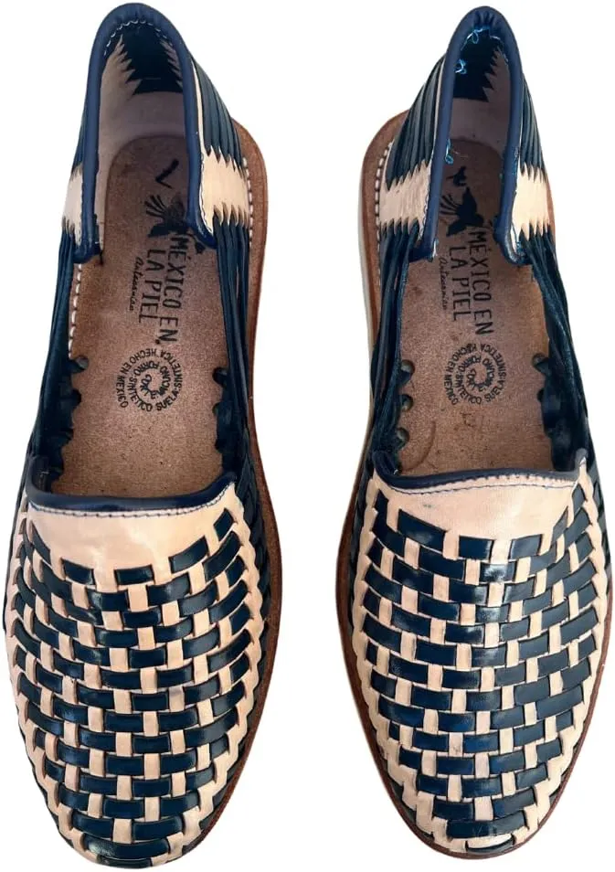 Mexico en la Piel Leather Shoes for Men, Checkered Braided Handmade Loafer Sandals