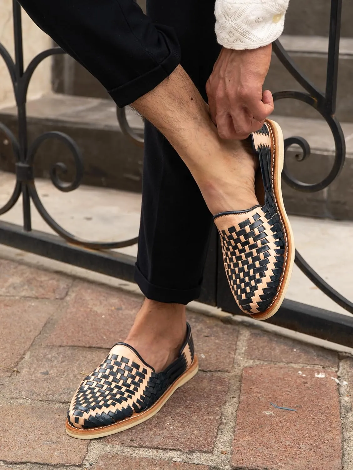 Mexico en la Piel Leather Shoes for Men, Checkered Braided Handmade Loafer Sandals