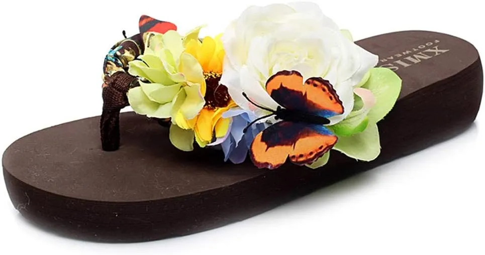 MIOKE Women's Flower Flat Platform Flipflops Bohemia Butterfly Summer Comfort Nonslip Beach Thong Sandals