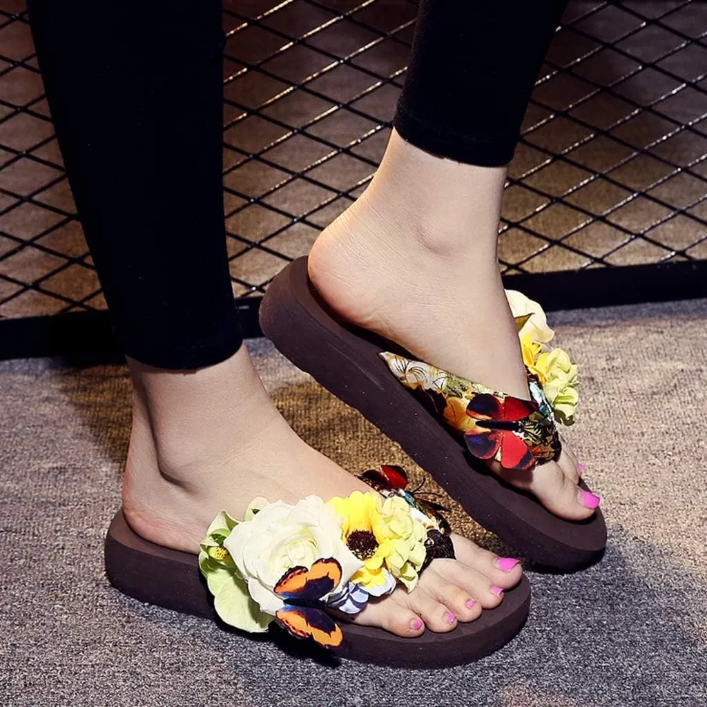 MIOKE Women's Flower Flat Platform Flipflops Bohemia Butterfly Summer Comfort Nonslip Beach Thong Sandals