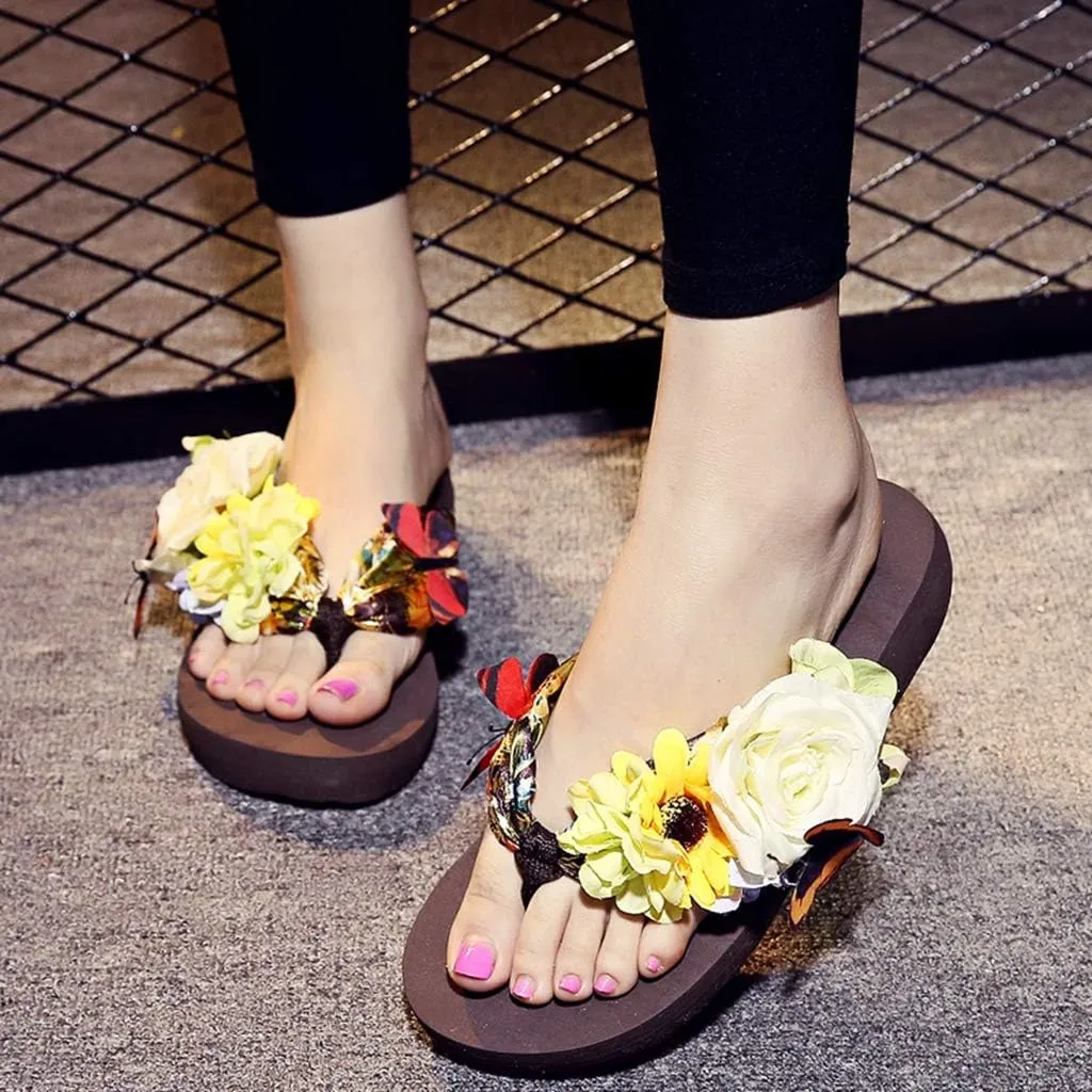 MIOKE Women's Flower Flat Platform Flipflops Bohemia Butterfly Summer Comfort Nonslip Beach Thong Sandals