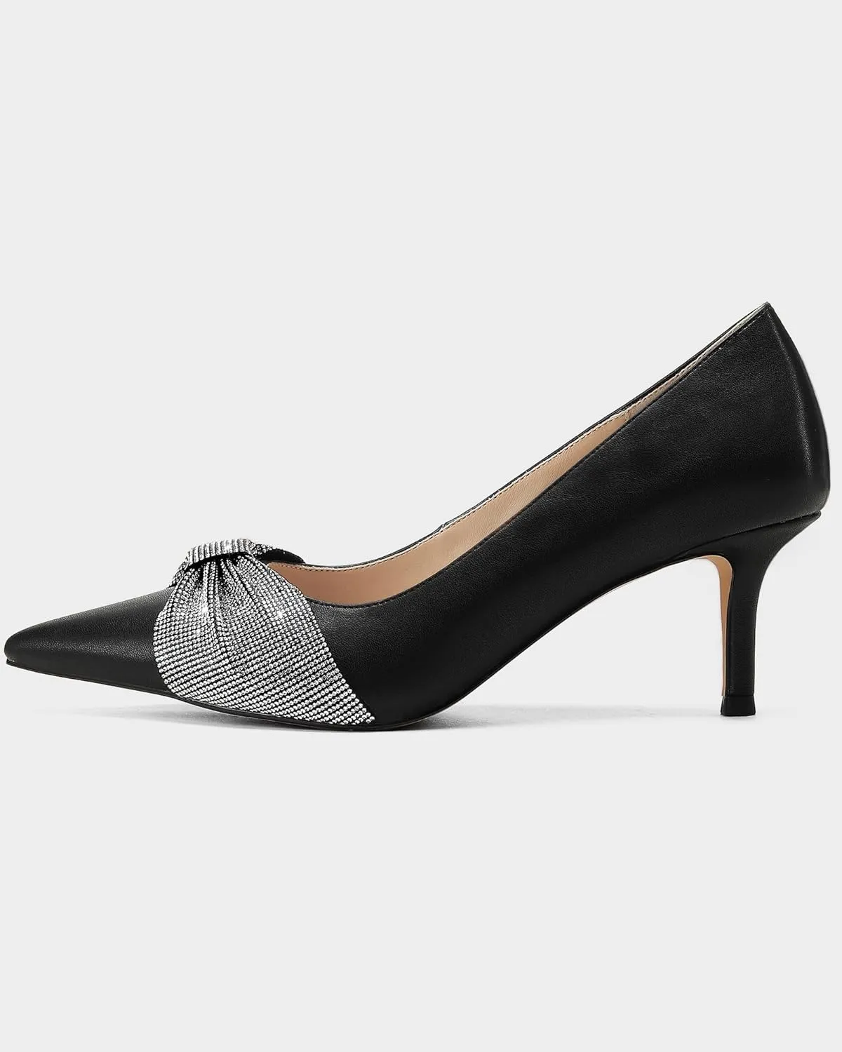 MUCCCUTE Rhinestone Heels Pointed Closed Toe Kitten Heels 2 Inch Sparkly Dress Business Work Pump Shoes for Women with Bow
