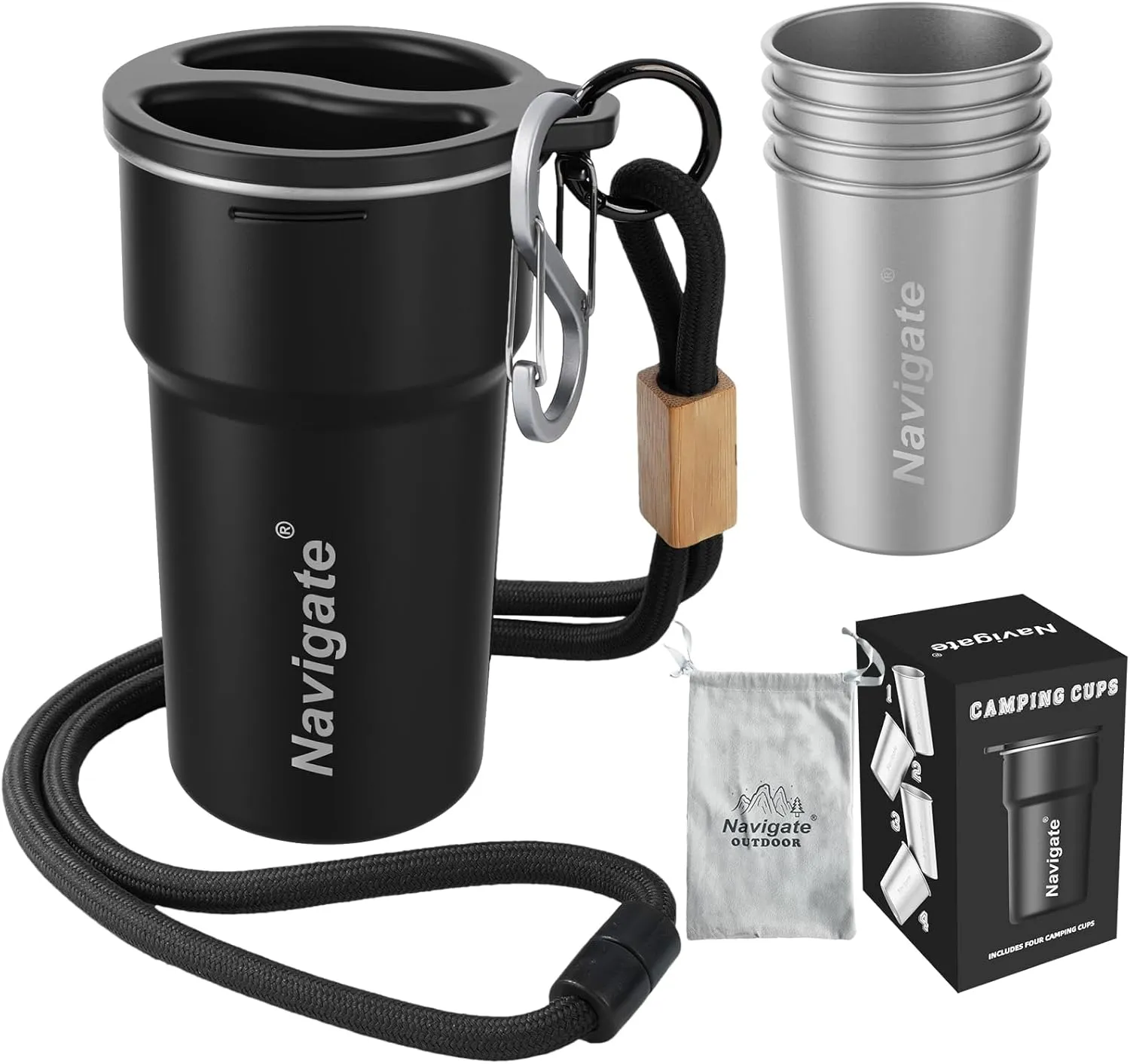 Navigate Stainless Steel Cups 13oz, Stackable Metal Beer Pint Cup Drinking Cups, Stainless Steel Portable Tumbler, Party, Camping, Outdoor Indoor, Black(4 Pack)