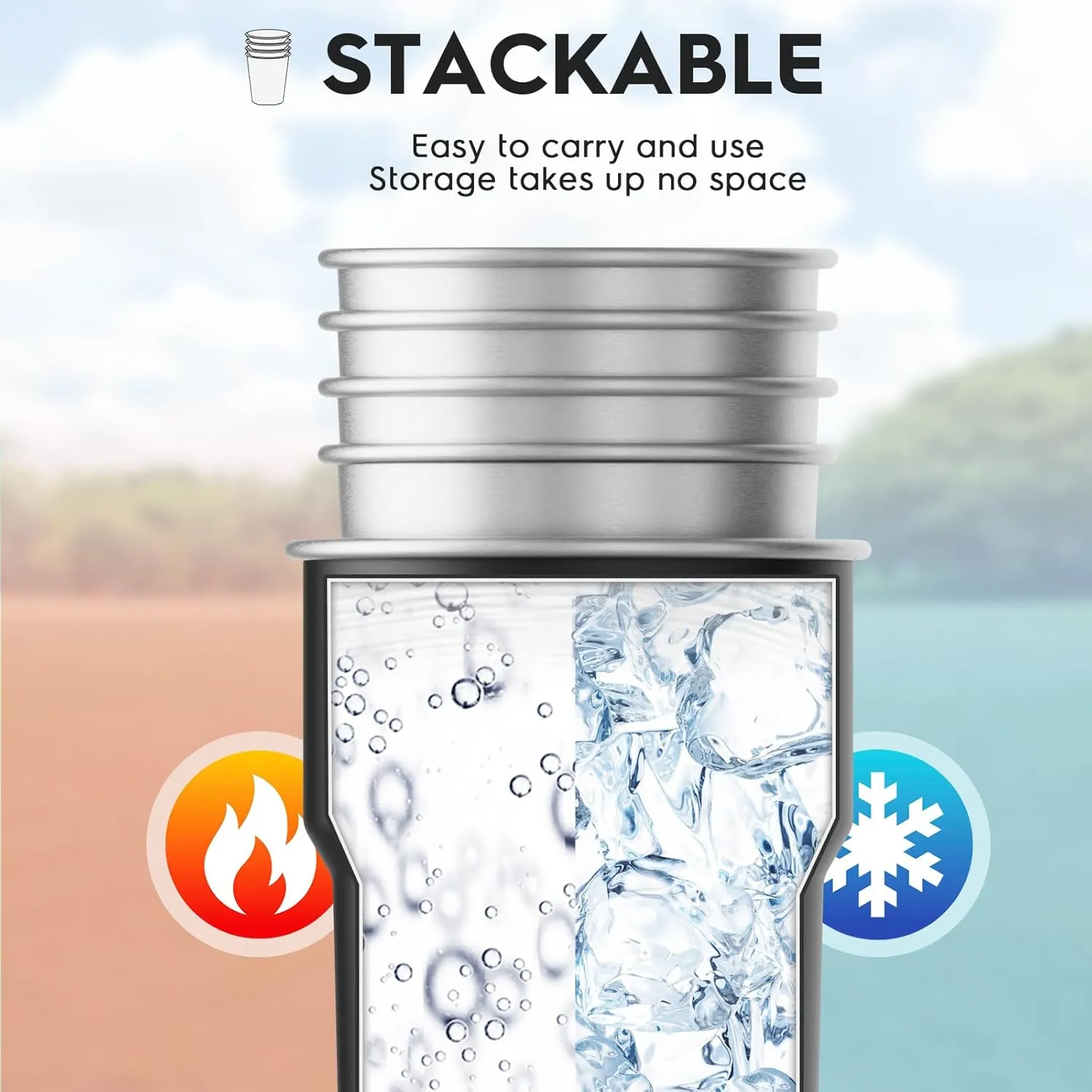 Navigate Stainless Steel Cups 13oz, Stackable Metal Beer Pint Cup Drinking Cups, Stainless Steel Portable Tumbler, Party, Camping, Outdoor Indoor, Black(4 Pack)