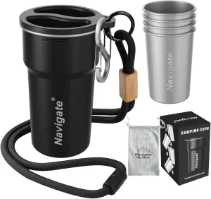 Navigate Stainless Steel Cups 13oz, Stackable Metal Beer Pint Cup Drinking Cups, Stainless Steel Portable Tumbler, Party, Camping, Outdoor Indoor, Black(4 Pack)