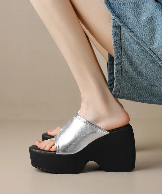 New Beige High Wedge Heels Slide Sandals Peep Toe