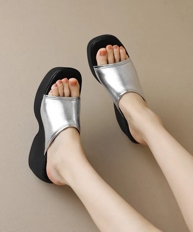 New Beige High Wedge Heels Slide Sandals Peep Toe