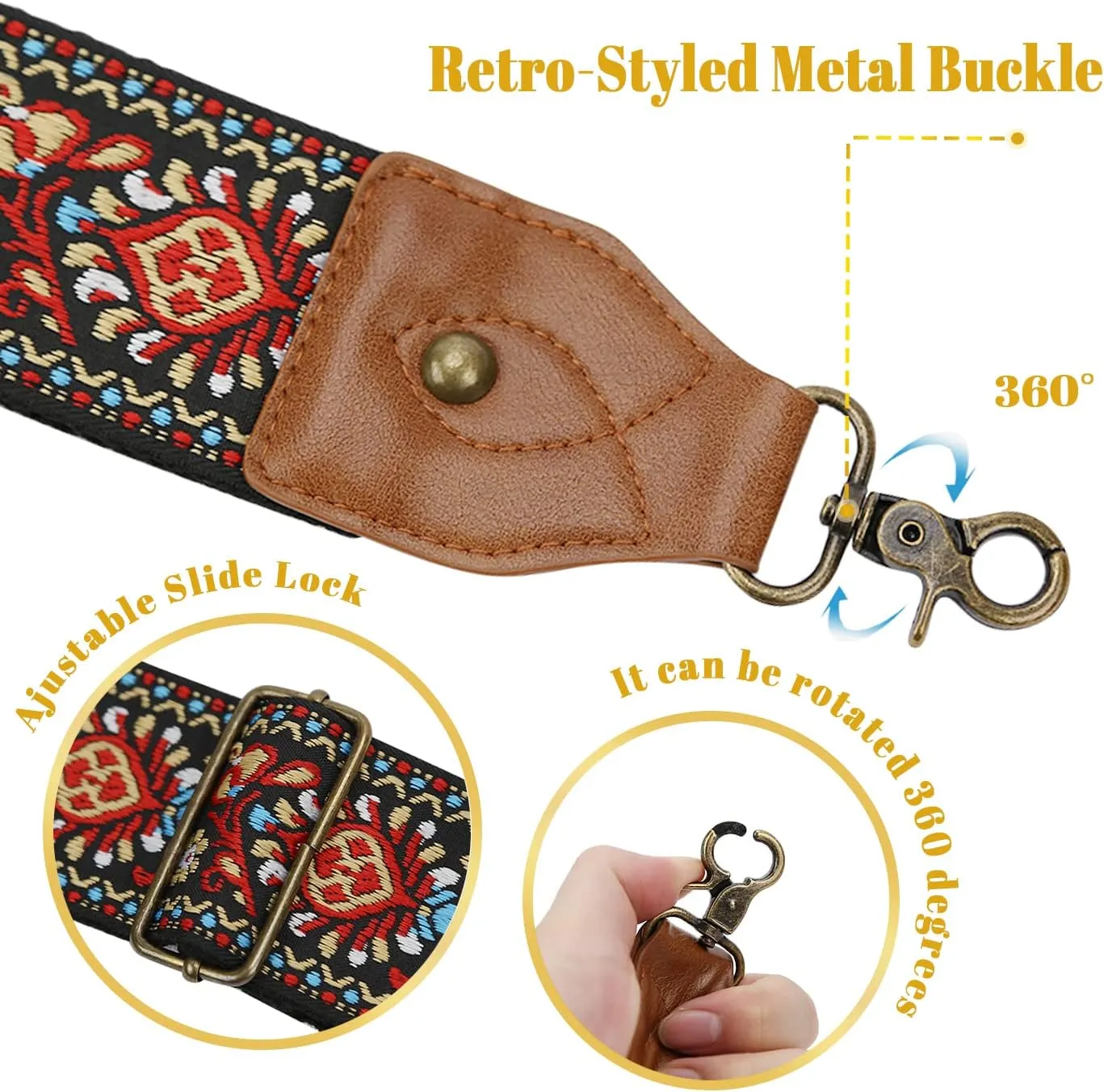 OllarKt Purse Strap 2" Wide Purse Straps Replacement Crossbody Adjustable Leather Bag Strap with Vintage Jacquard