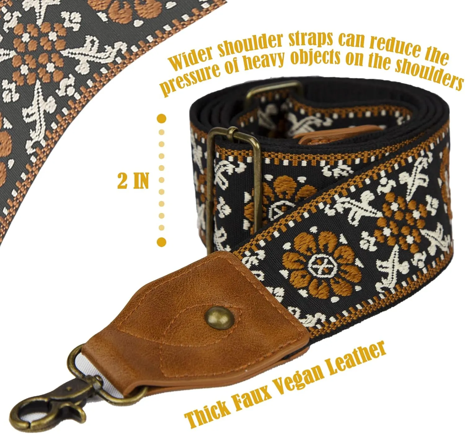 OllarKt Purse Strap 2" Wide Purse Straps Replacement Crossbody Adjustable Leather Bag Strap with Vintage Jacquard