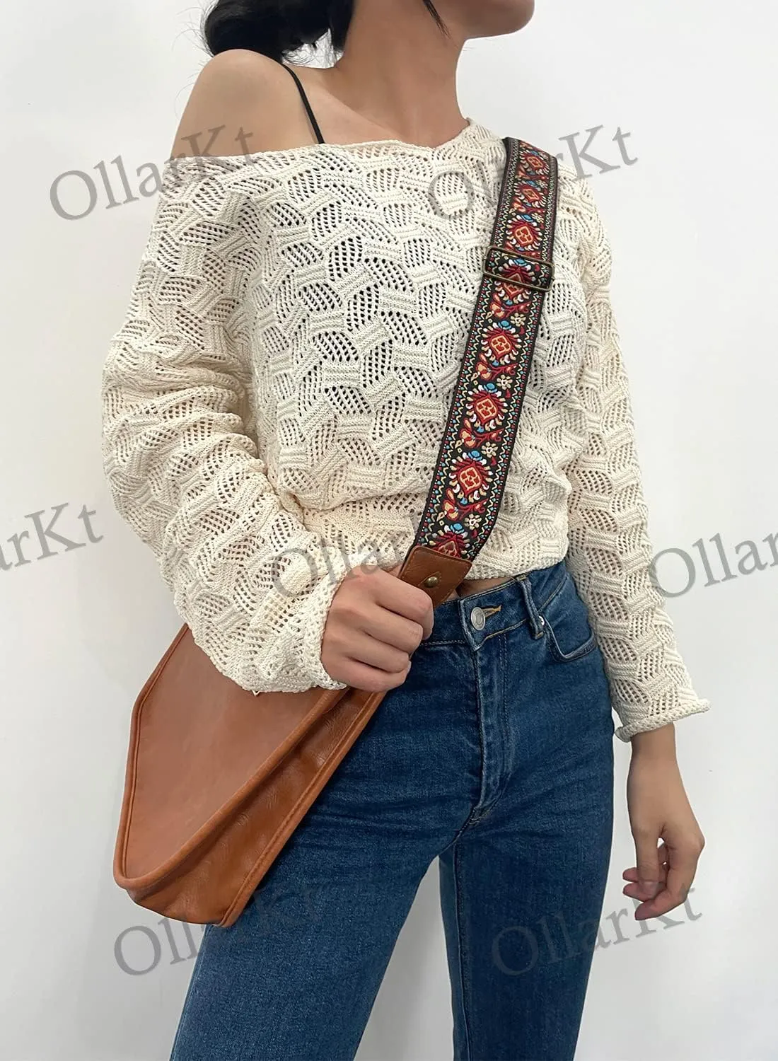 OllarKt Purse Strap 2" Wide Purse Straps Replacement Crossbody Adjustable Leather Bag Strap with Vintage Jacquard