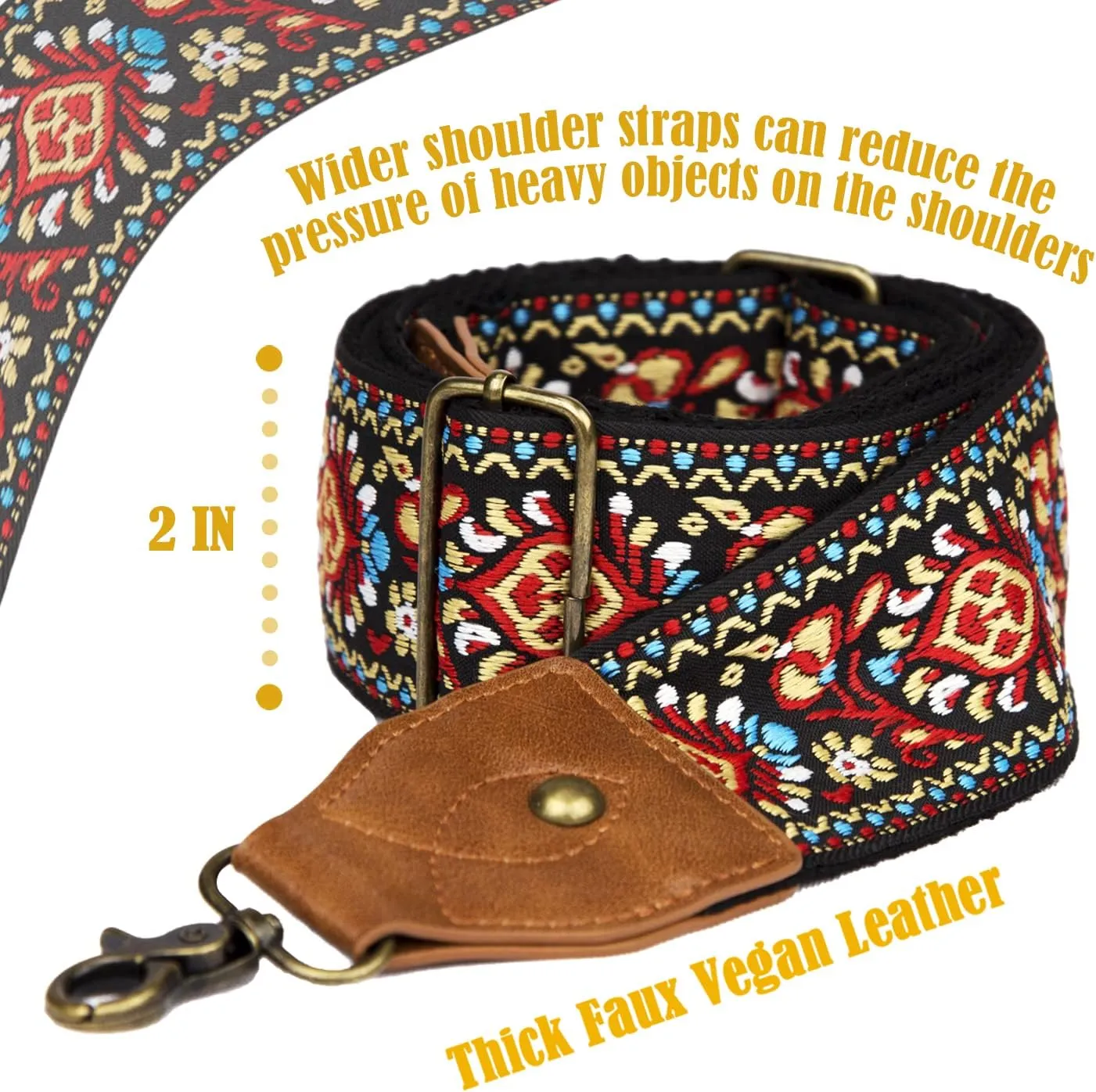 OllarKt Purse Strap 2" Wide Purse Straps Replacement Crossbody Adjustable Leather Bag Strap with Vintage Jacquard