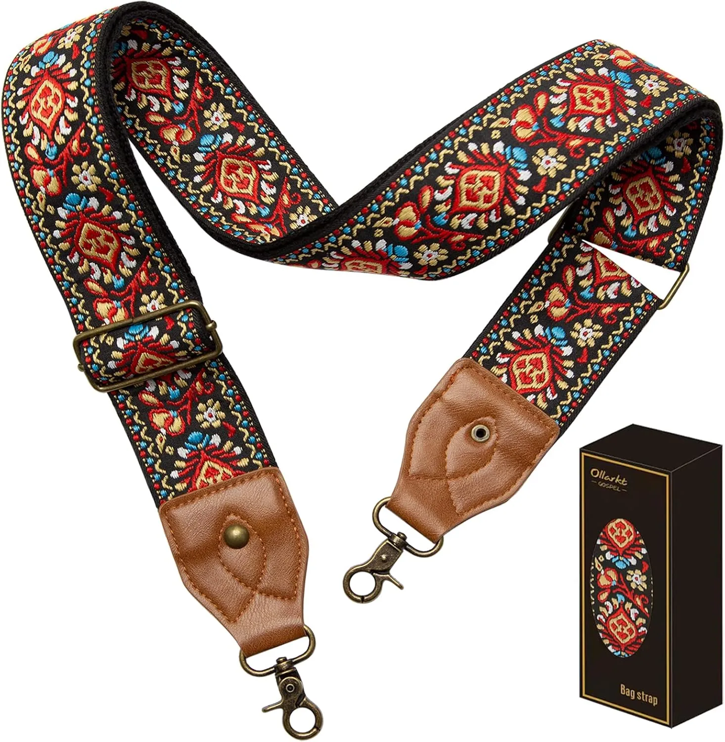 OllarKt Purse Strap 2" Wide Purse Straps Replacement Crossbody Adjustable Leather Bag Strap with Vintage Jacquard