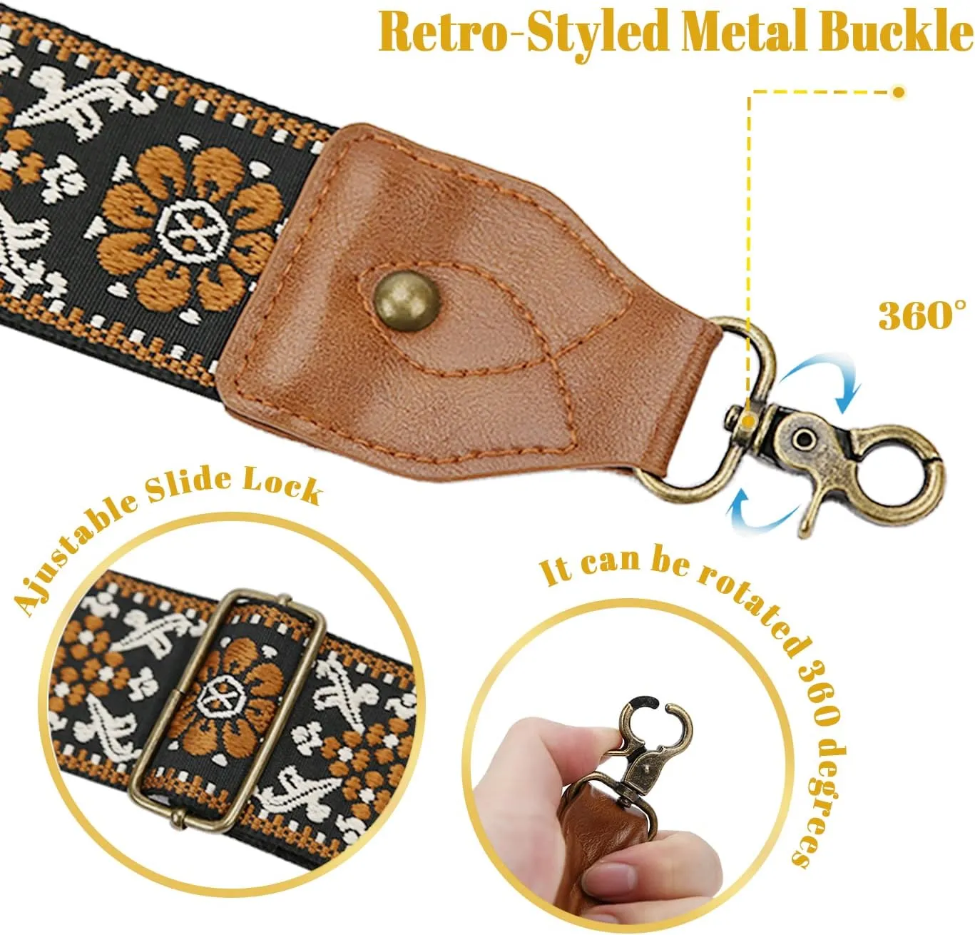 OllarKt Purse Strap 2" Wide Purse Straps Replacement Crossbody Adjustable Leather Bag Strap with Vintage Jacquard