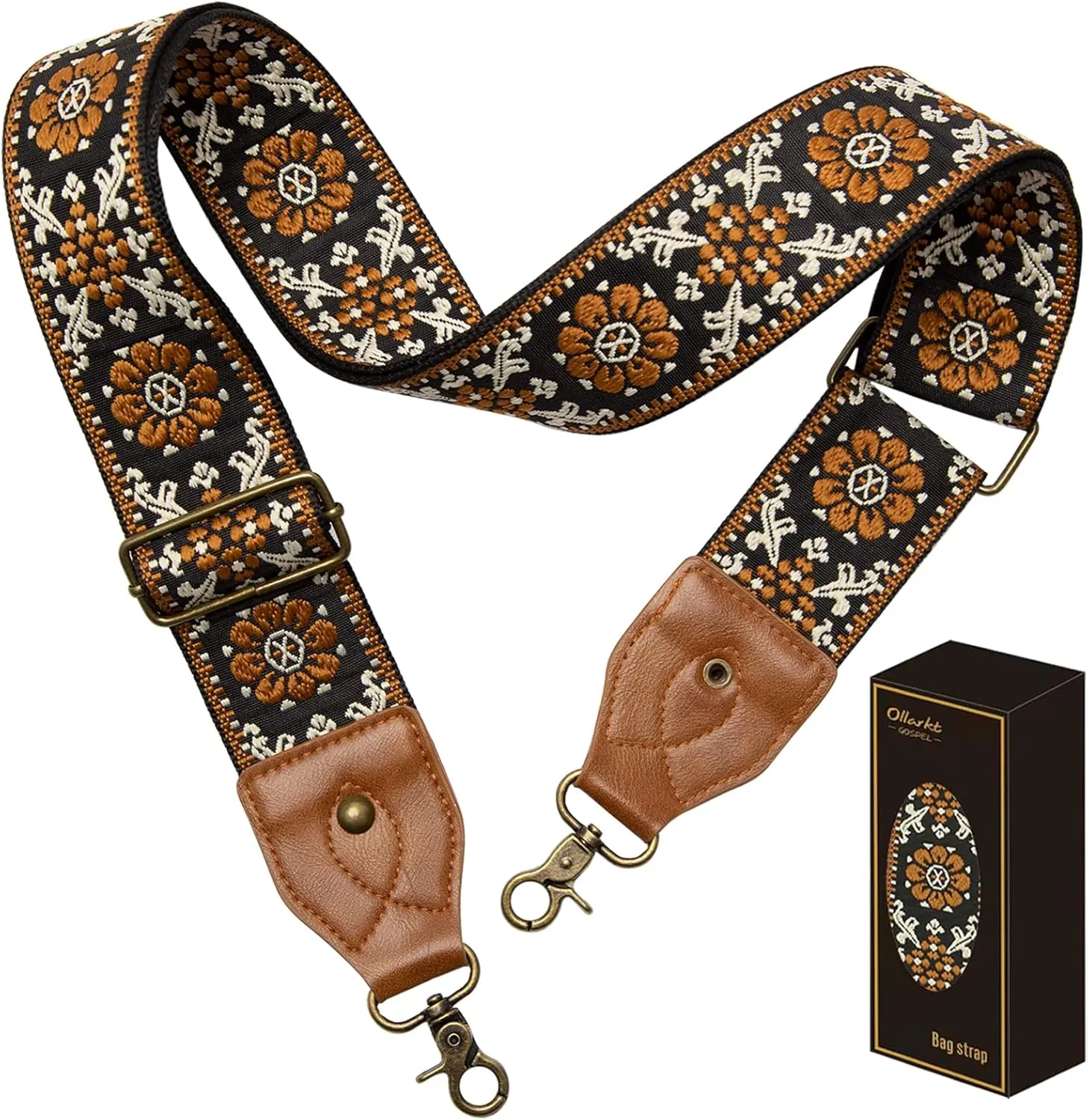 OllarKt Purse Strap 2" Wide Purse Straps Replacement Crossbody Adjustable Leather Bag Strap with Vintage Jacquard