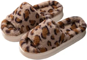 Open Toe Fuzzy Slippers for Women, Soft Plush Leopard Band Slides, Non-Slip Faux Fur Lining Sandal Bedroom House Indoor Outdoor Shoes