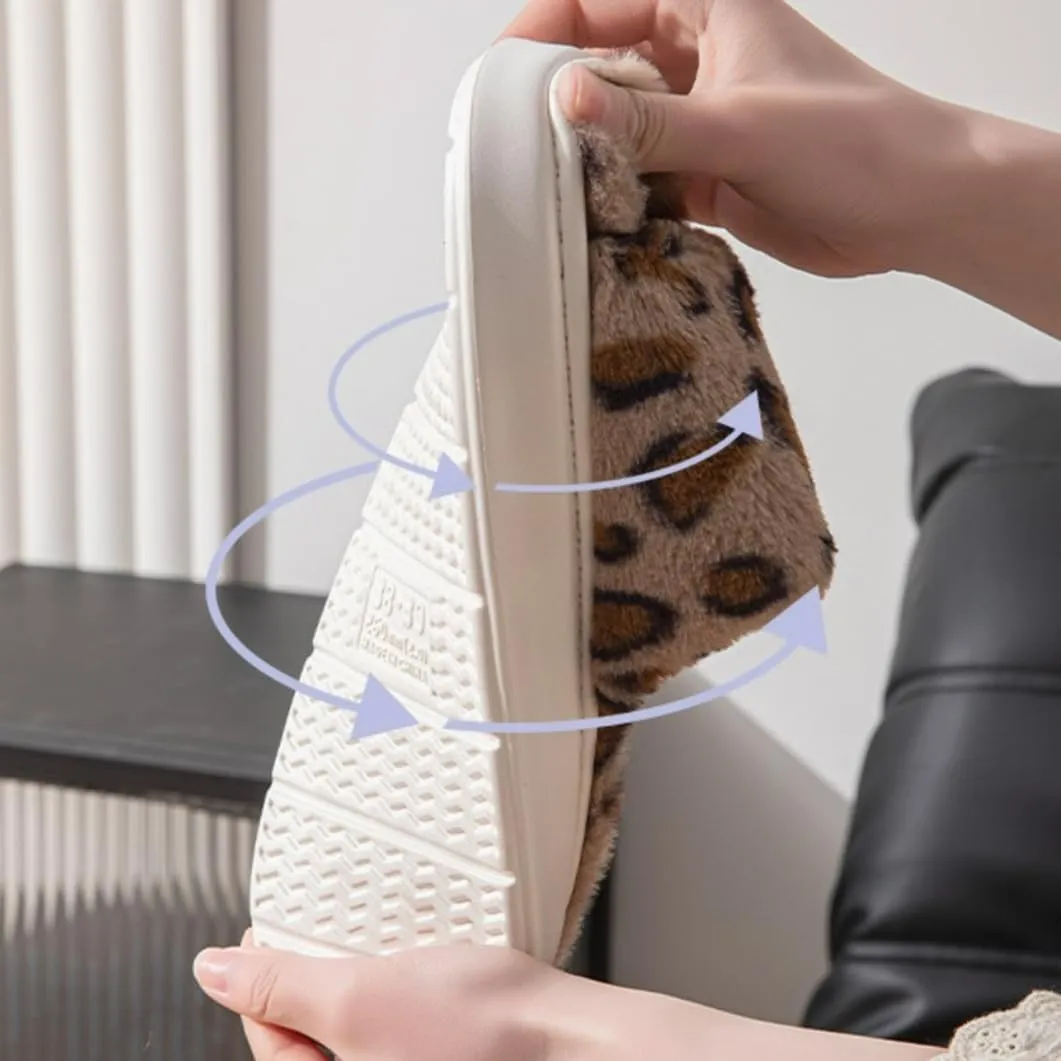 Open Toe Fuzzy Slippers for Women, Soft Plush Leopard Band Slides, Non-Slip Faux Fur Lining Sandal Bedroom House Indoor Outdoor Shoes