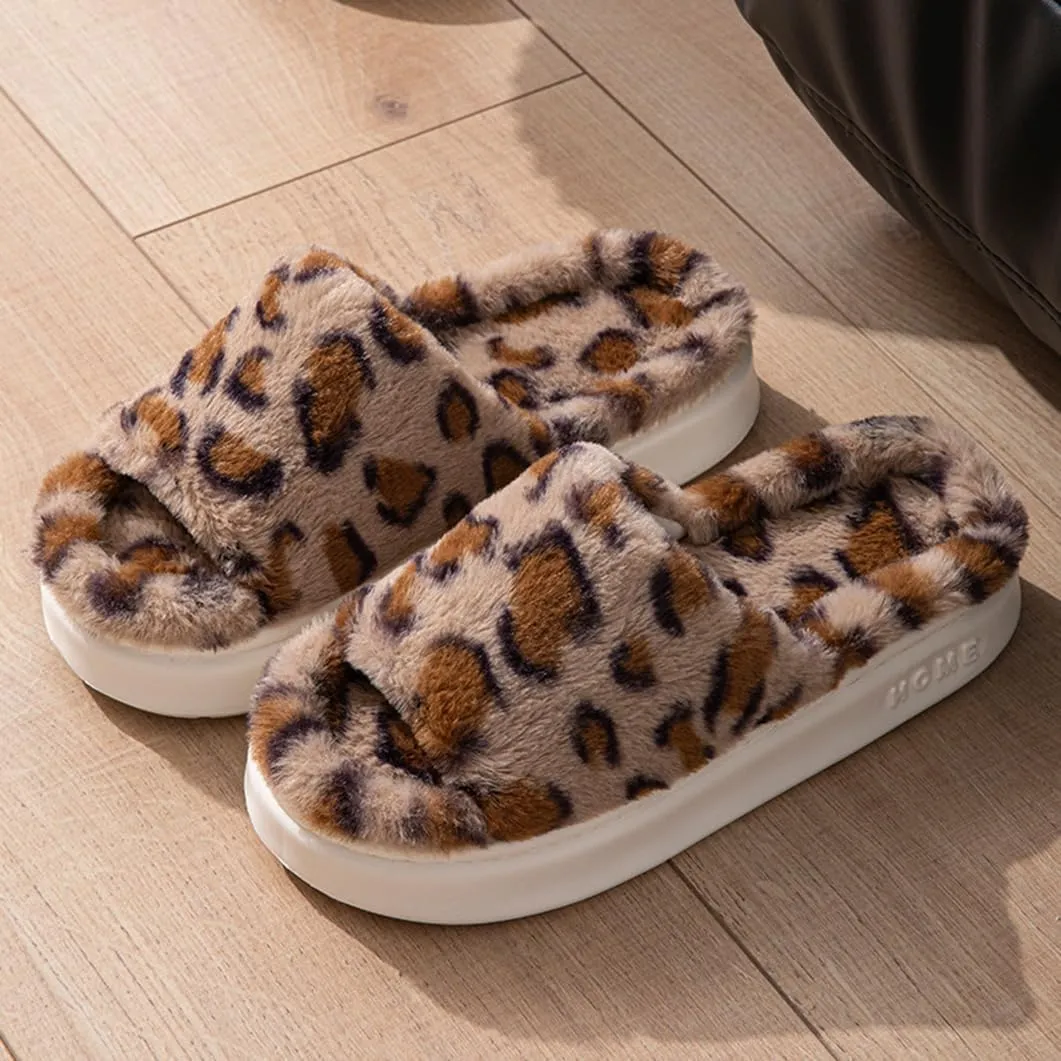 Open Toe Fuzzy Slippers for Women, Soft Plush Leopard Band Slides, Non-Slip Faux Fur Lining Sandal Bedroom House Indoor Outdoor Shoes