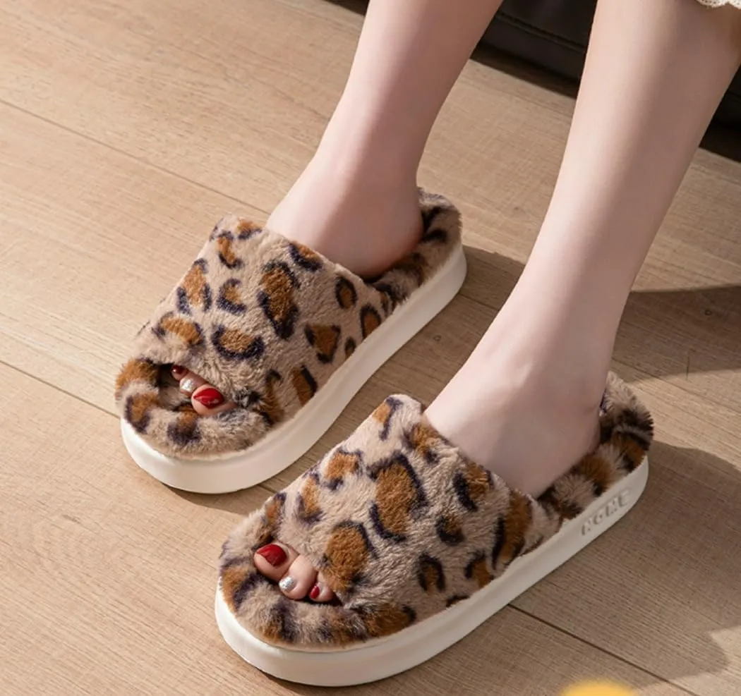 Open Toe Fuzzy Slippers for Women, Soft Plush Leopard Band Slides, Non-Slip Faux Fur Lining Sandal Bedroom House Indoor Outdoor Shoes