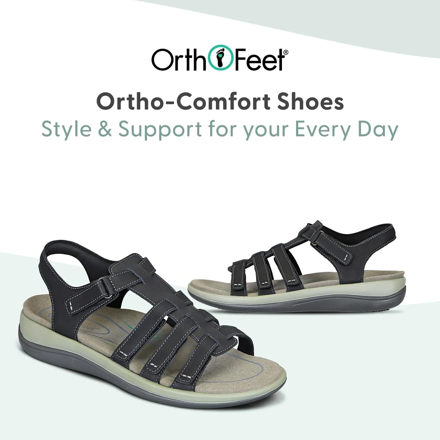 Orthofeet Women's Orthopedic Black Leather Amalfi Adjustable Sandals, Size 10