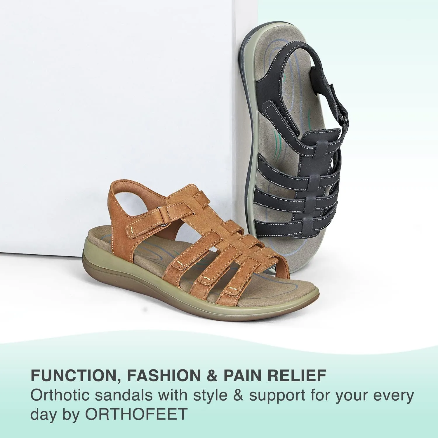Orthofeet Women's Orthopedic Camel Leather Amalfi Adjustable Sandals, Size 8.5