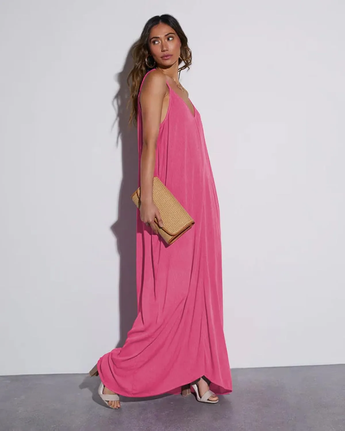 Poetsky Womens Casual Strappy V Neck Sleeveless Flowy Pockets Loose Long Maxi Beach Dress Sundress