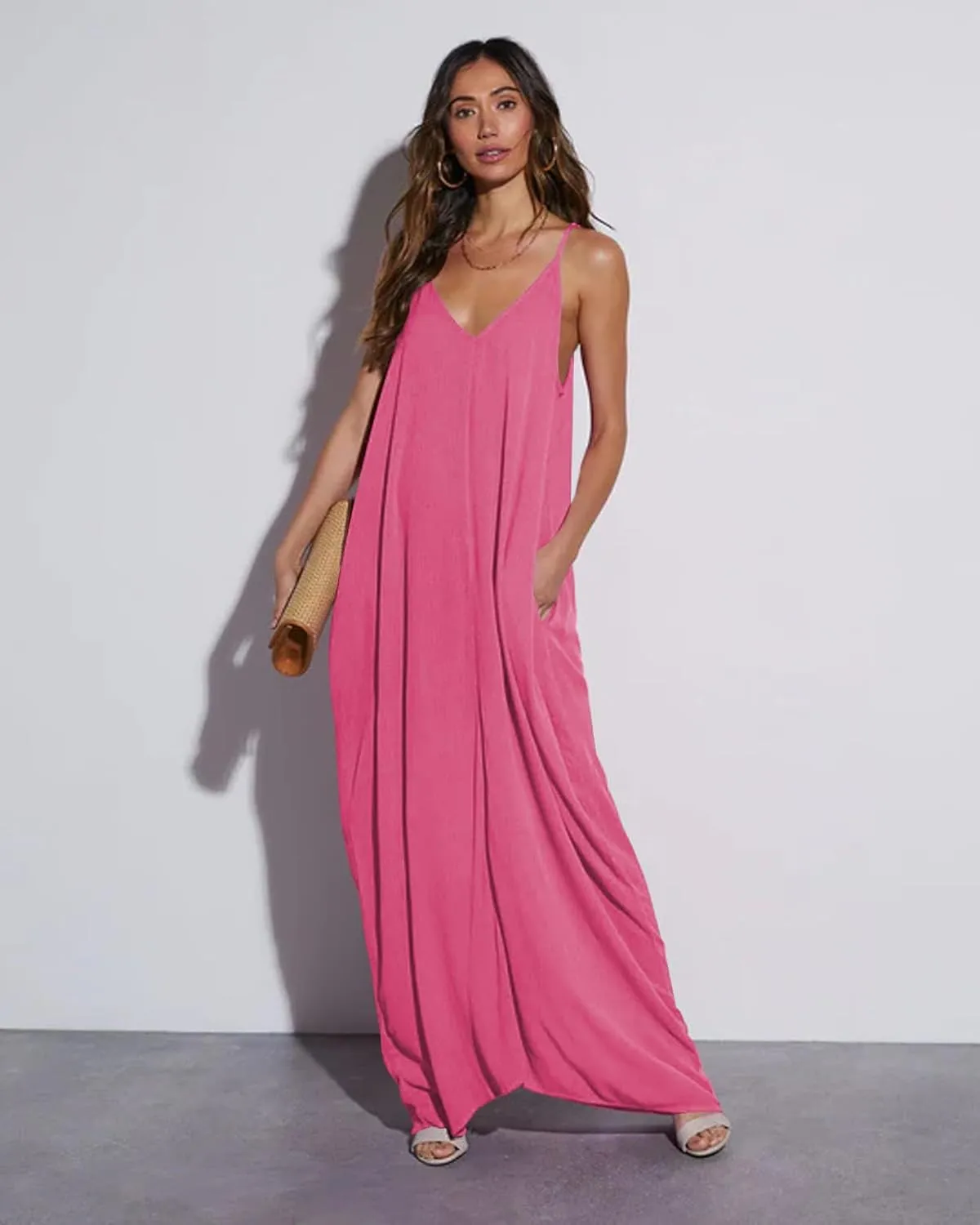 Poetsky Womens Casual Strappy V Neck Sleeveless Flowy Pockets Loose Long Maxi Beach Dress Sundress