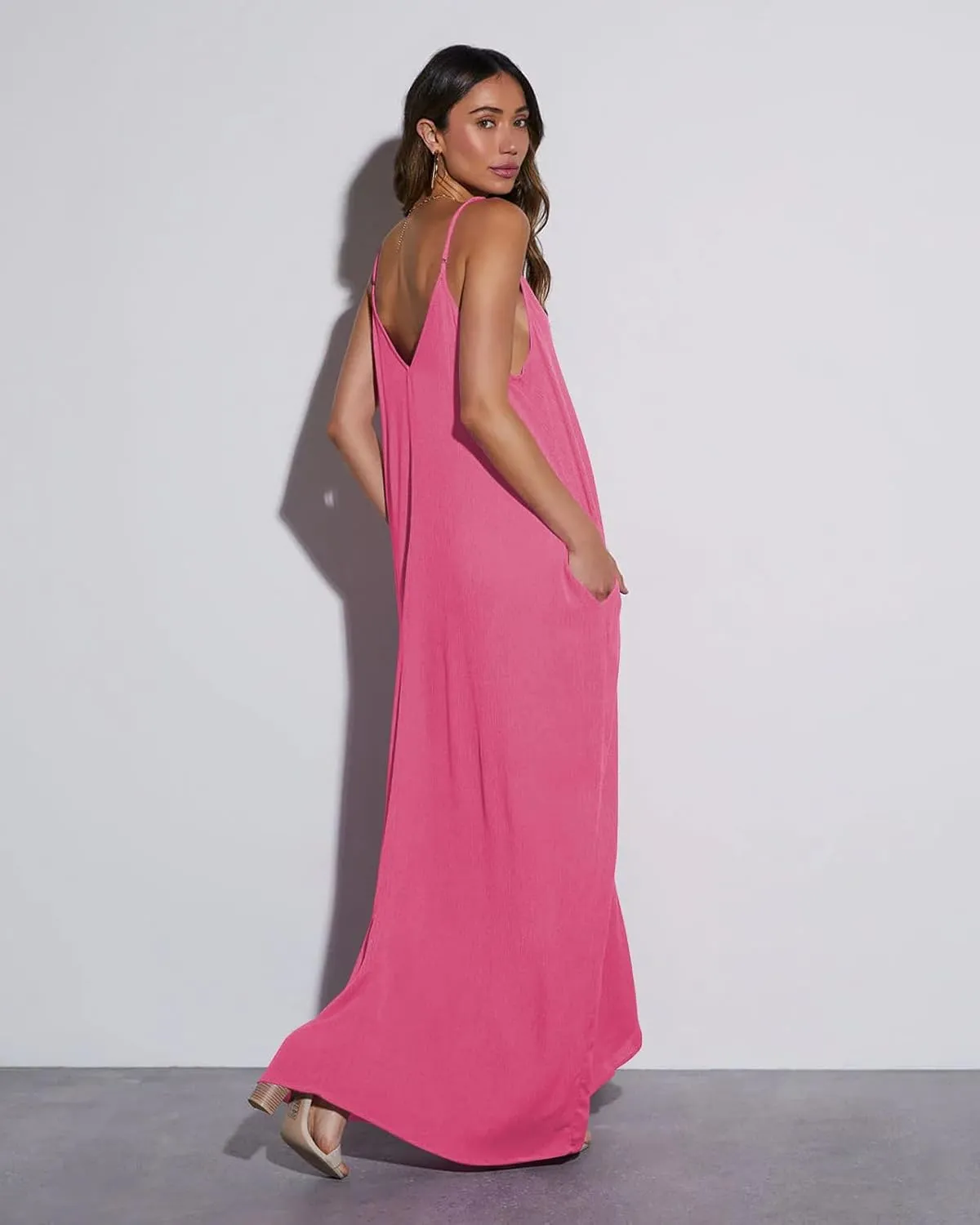 Poetsky Womens Casual Strappy V Neck Sleeveless Flowy Pockets Loose Long Maxi Beach Dress Sundress