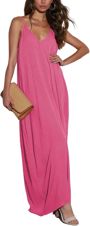 Poetsky Womens Casual Strappy V Neck Sleeveless Flowy Pockets Loose Long Maxi Beach Dress Sundress
