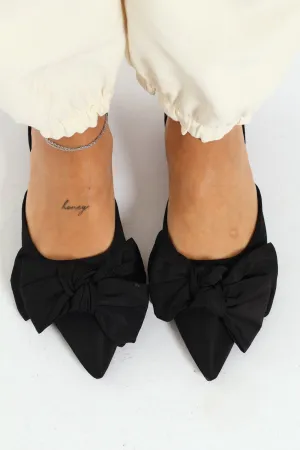 Pointy Fabric Slingback Pump With Fabric Bow - Black