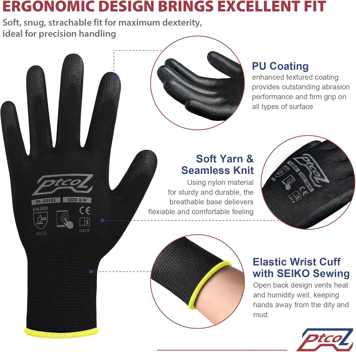 PU Coated Work Gloves -12 Pairs Bulk Pack, Excellent Grip, Seamless Knit Nylon Safety Gloves with Polyurethane Coated for Touchscreen, Lightweight, Ideal for Light Duty Work (Large)
