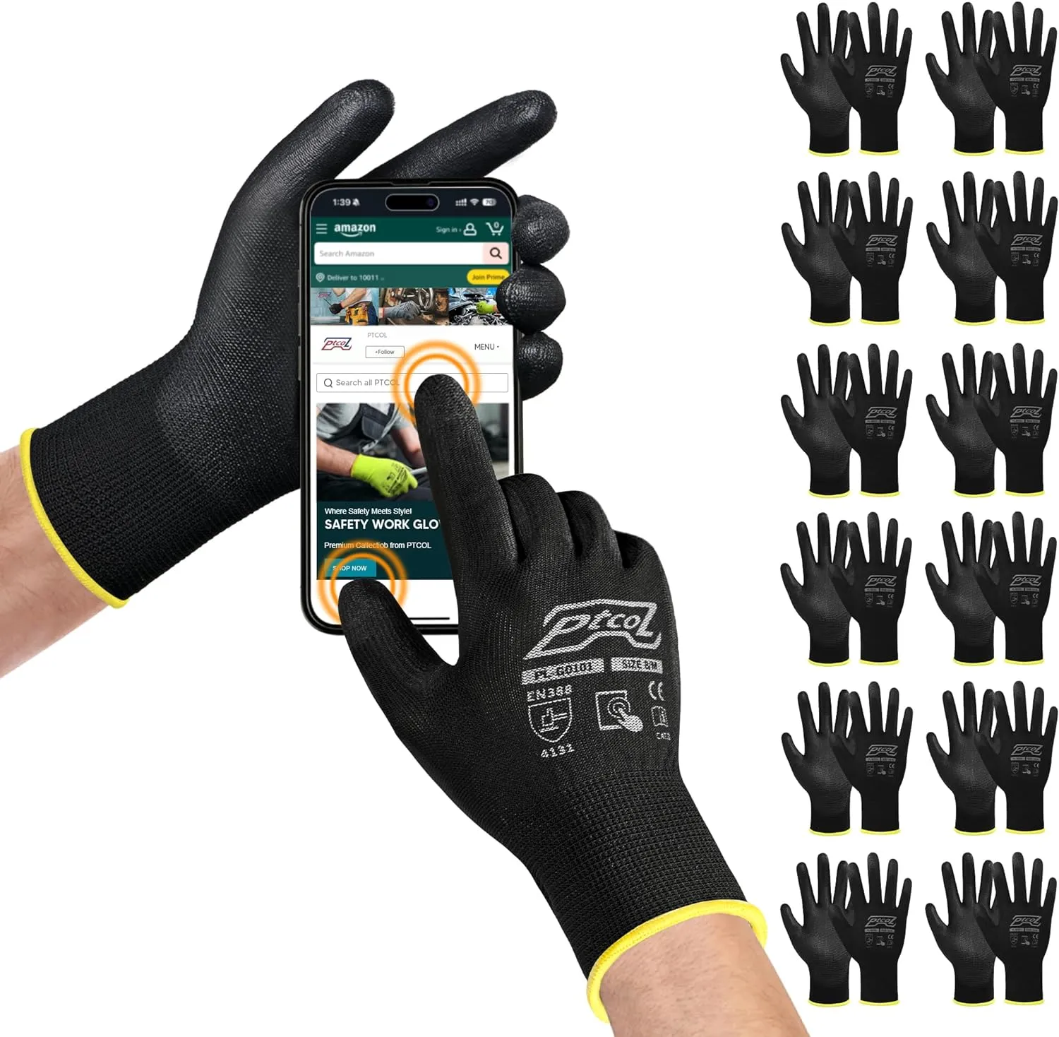 PU Coated Work Gloves -12 Pairs Bulk Pack, Excellent Grip, Seamless Knit Nylon Safety Gloves with Polyurethane Coated for Touchscreen, Lightweight, Ideal for Light Duty Work (Large)